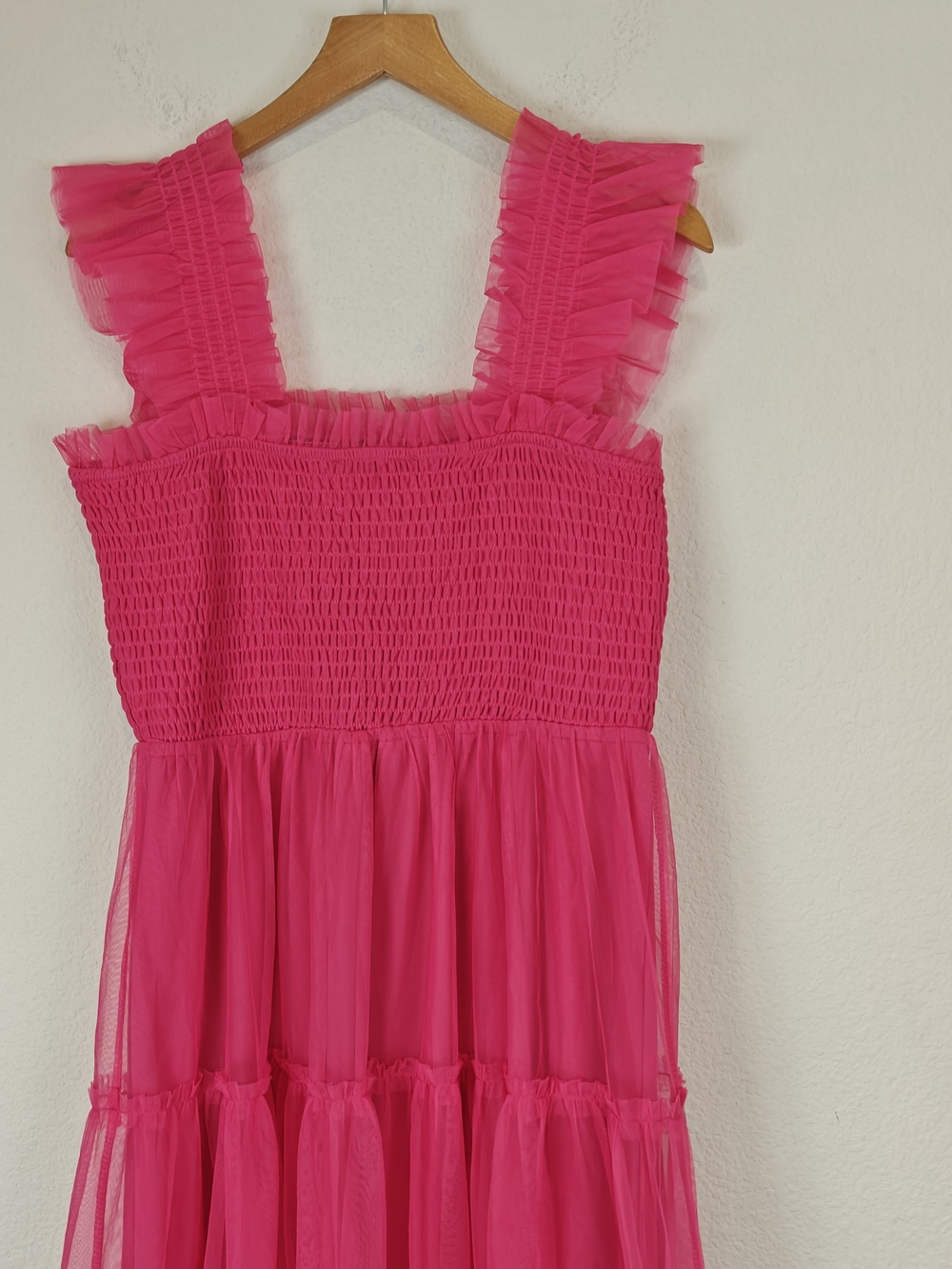 Baltic Born Hot Pink Smocked Tulle Midi Dress Romantic Formal Gown Sz LG - Picture 12 of 14